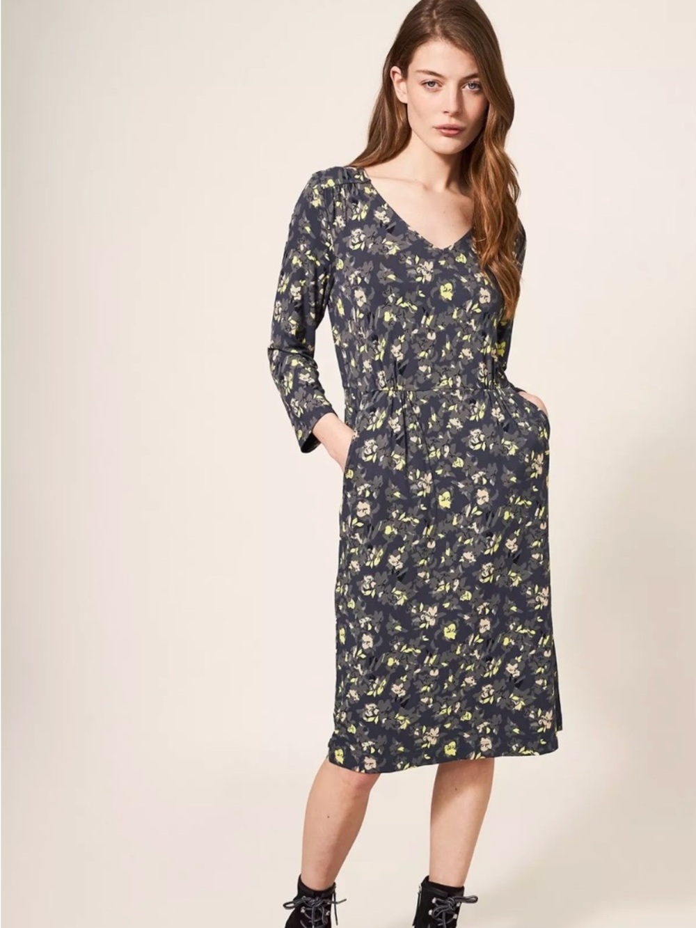 White Stuff Dress Knit Stretch Gray Floral Pockets Womens 12 Boho Grunge 90s